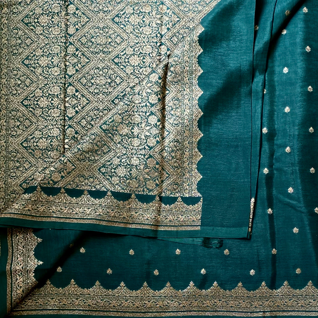 Deep Teal Silk Saree with Gold Brocade Pallu and Scalloped Border