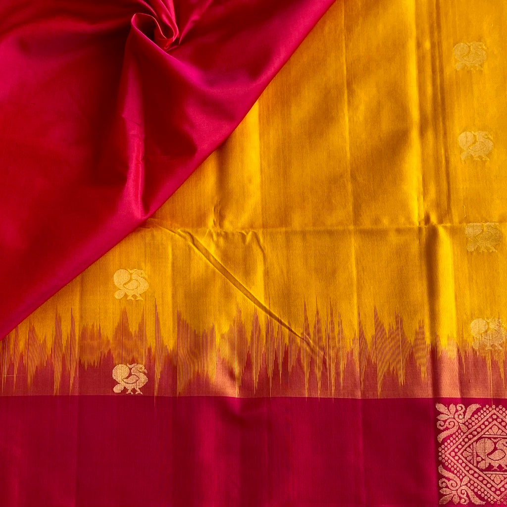 Sunflower Yellow With Pinkish Red Handwoven Designer Pure Silk Beauty