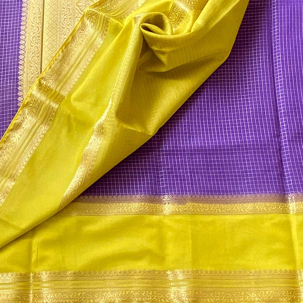 Purple line green checkered soft crepe silk with double borders