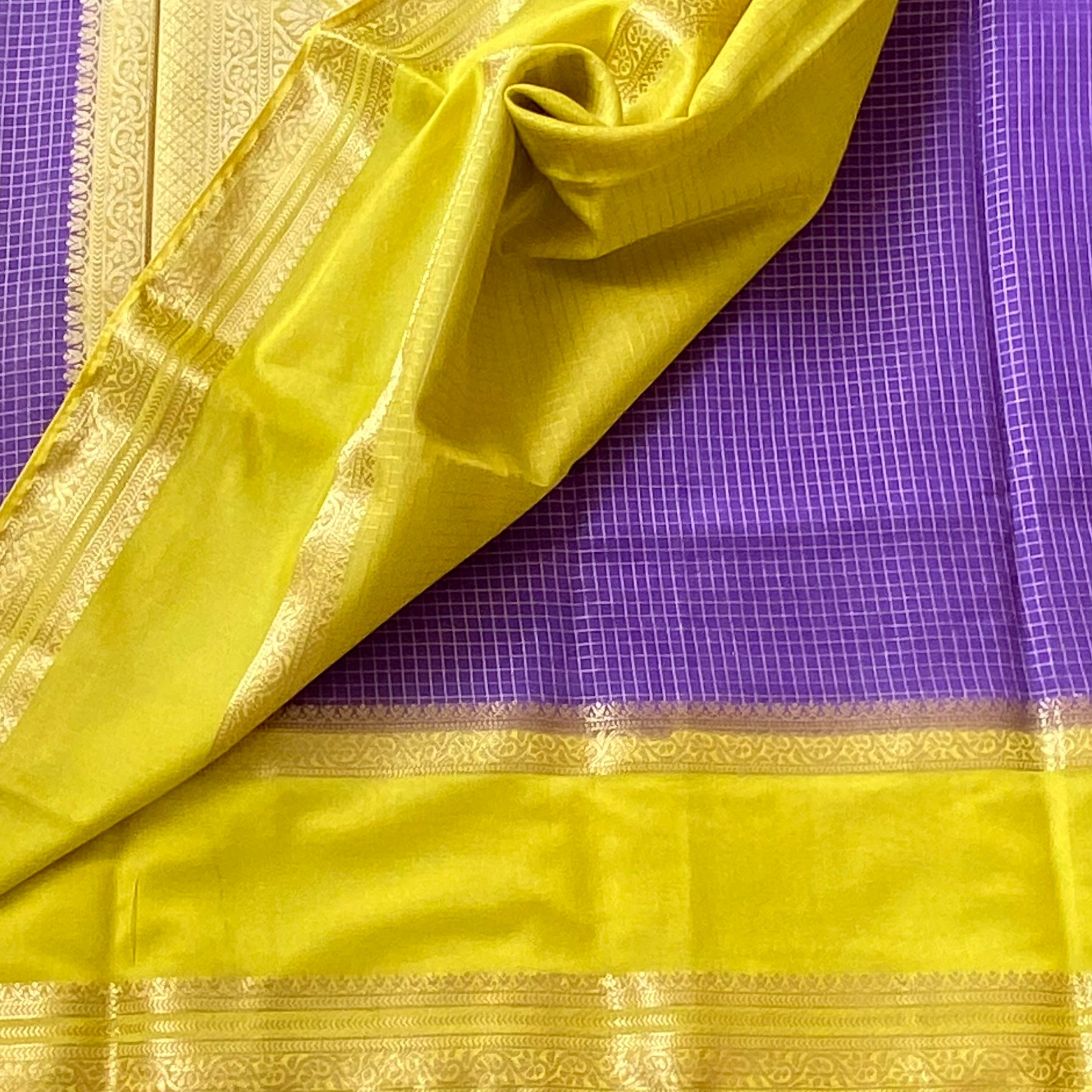 Purple line green checkered soft crepe silk with double borders