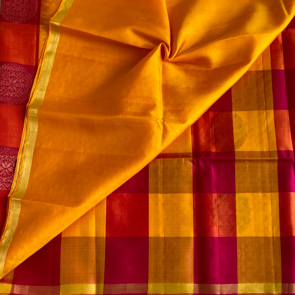 Shades of Red & Yellow Checkered Designer Pure Silk