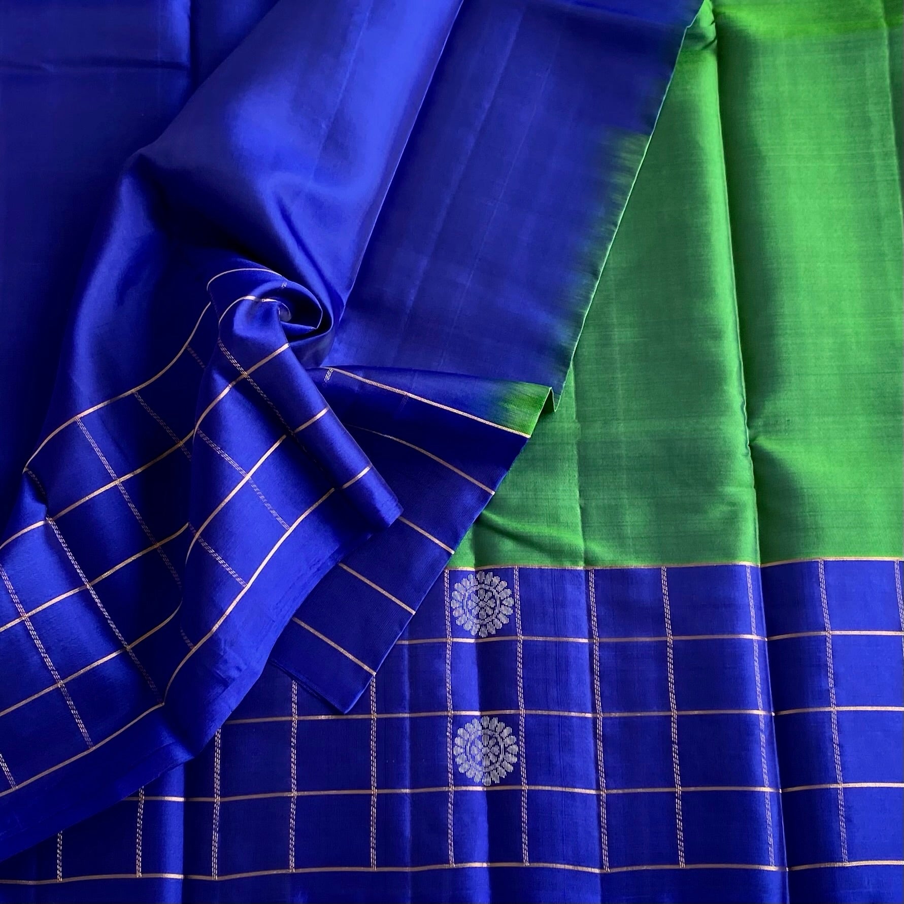 Spanish Green Designer Pure Silk Saree With Lapis Blue Pallu