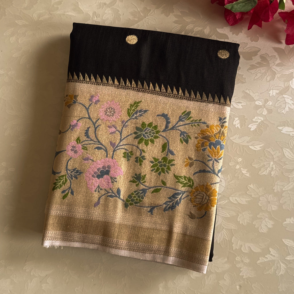 Midnight Black Saree Pale Beige Floral Pallu Gold Polka Dots