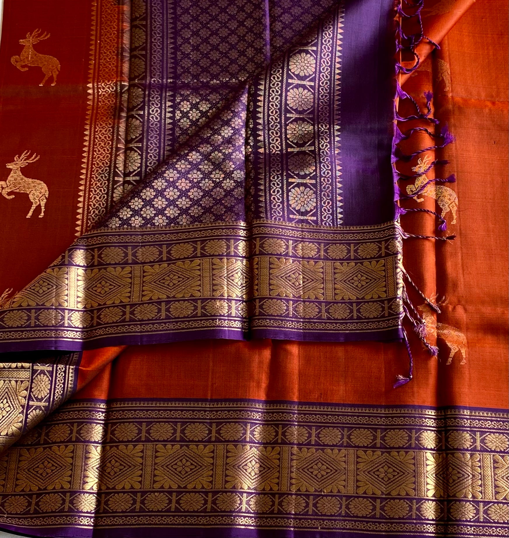 Rust Orange Silk Saree Purple Zari Pallu Woven Border