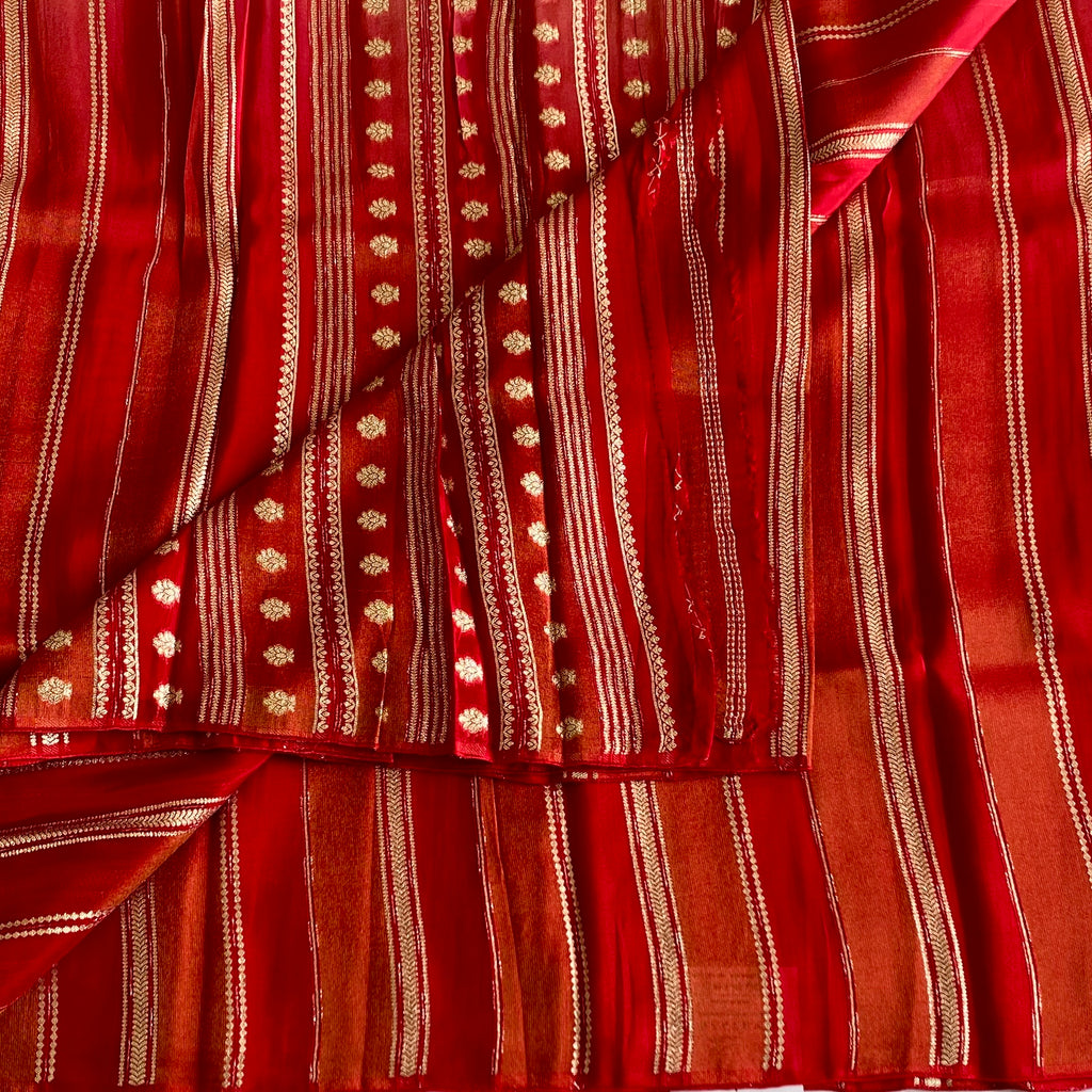 Crimson Red Gold Zari Striped Silk Saree Traditional Wedding Elegant