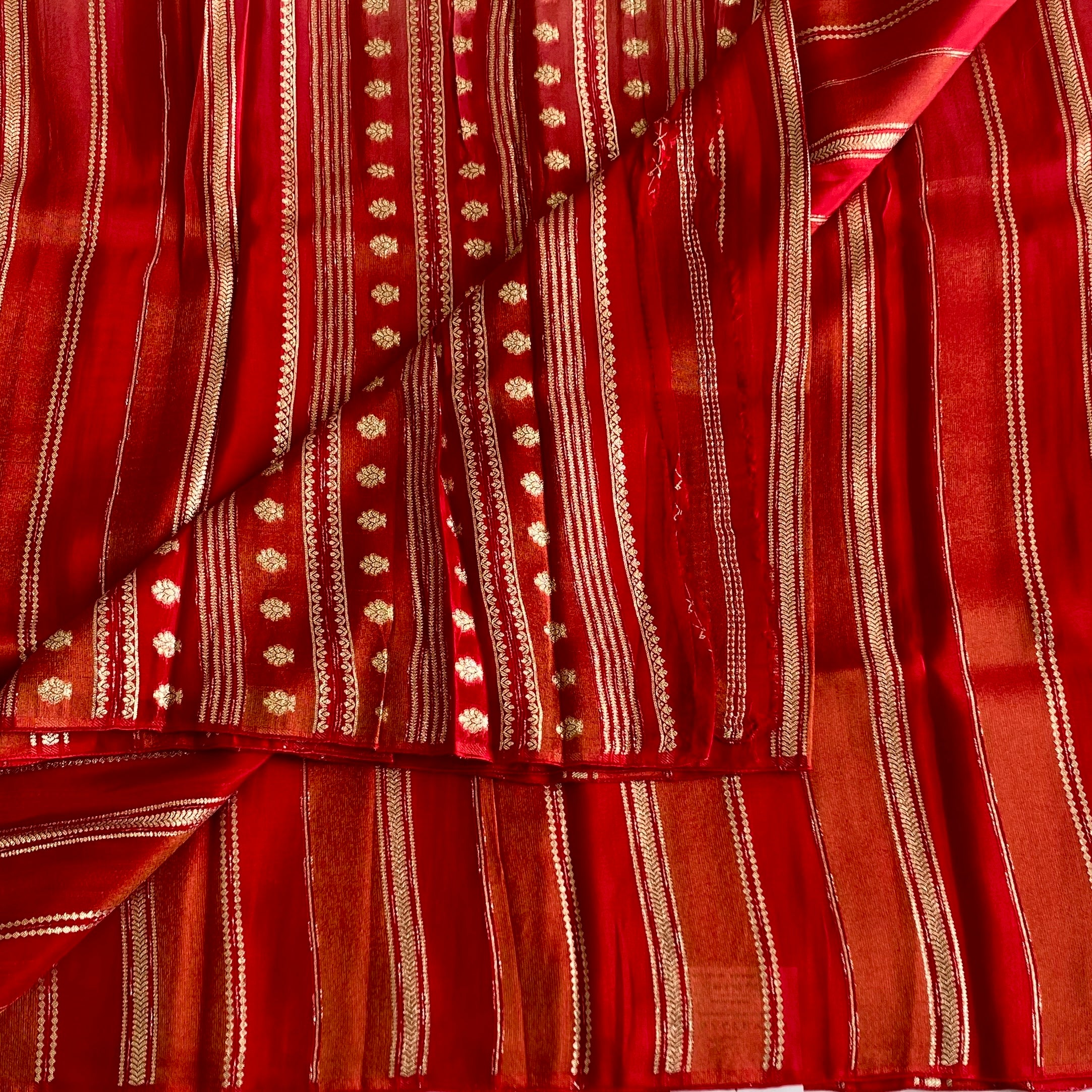 Crimson Red Gold Zari Striped Silk Saree Traditional Wedding Elegant