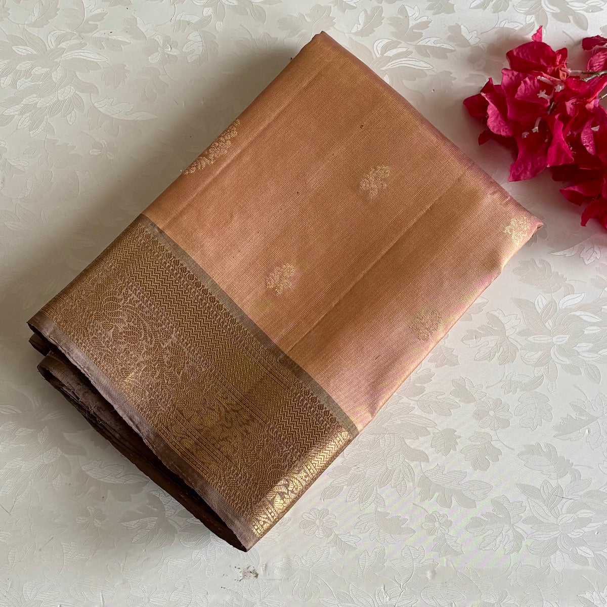 Rarest Peach Copper Designer Pure Silk Saree With Antique Bronze Pallu