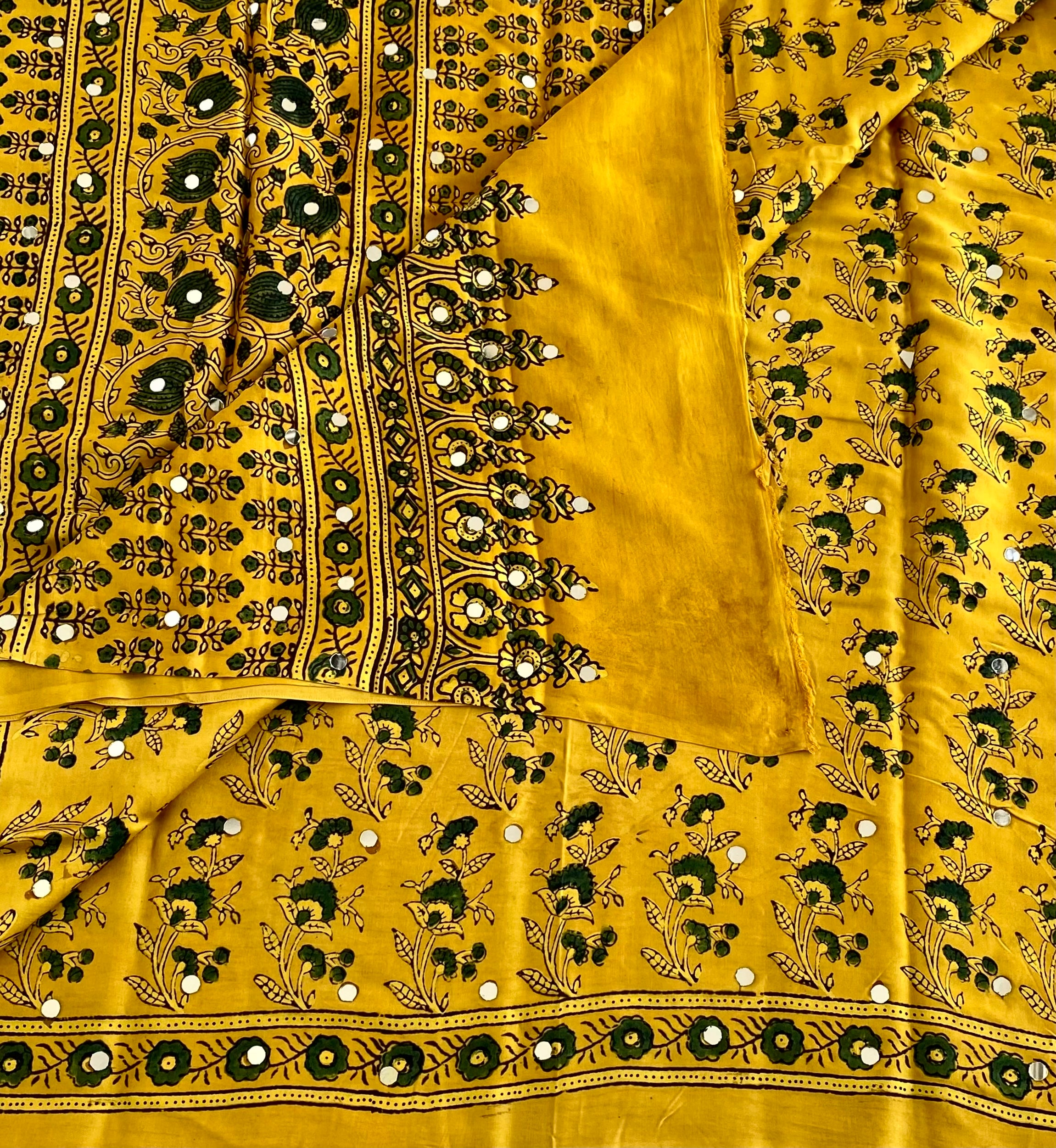 Mustard Yellow Designer Handcrafted Mirrorwork Ajrakh Silk Saree With Forest Green Motifs
