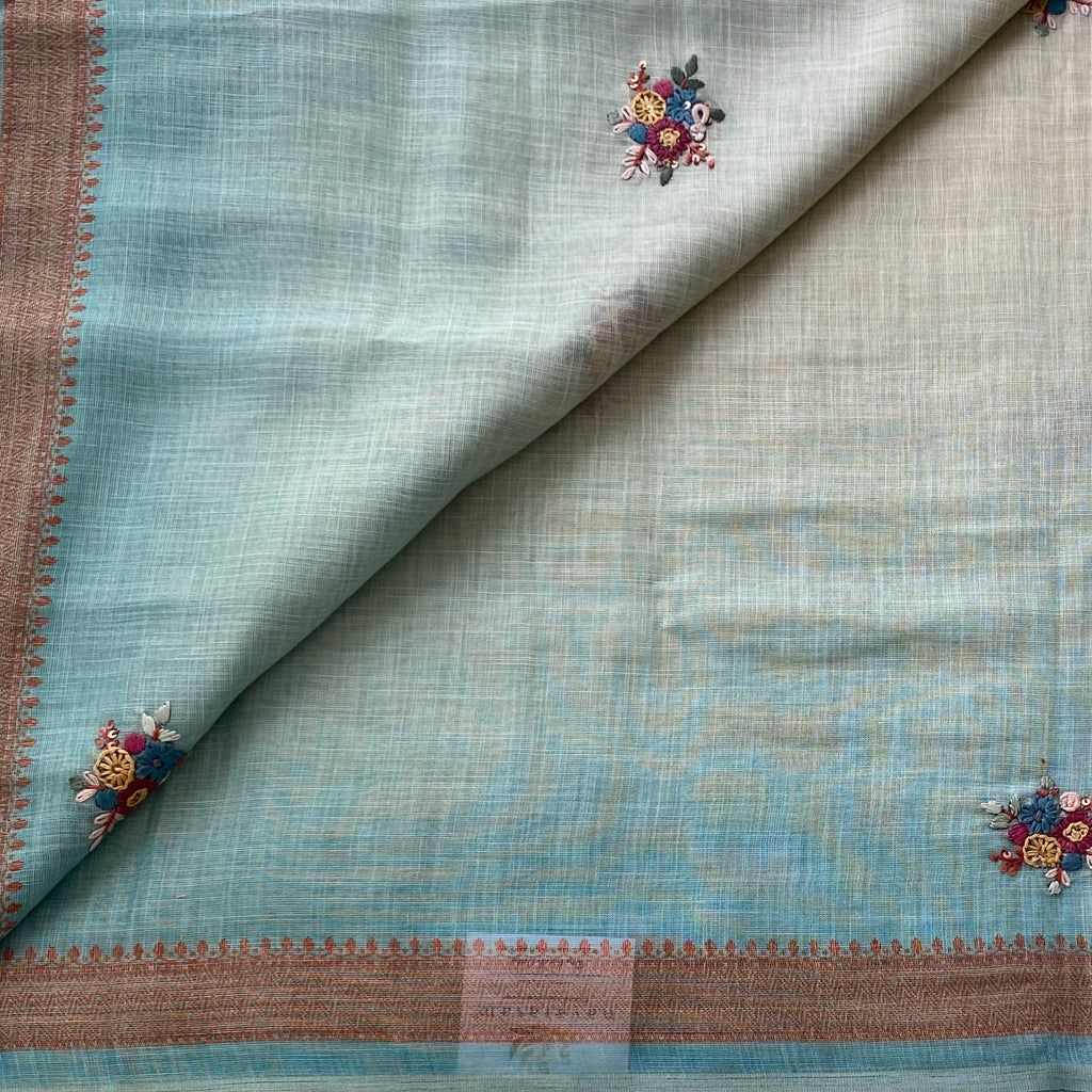 Seafoam Green Embroidered Saree with Copper Border Lightweight Floral Motif