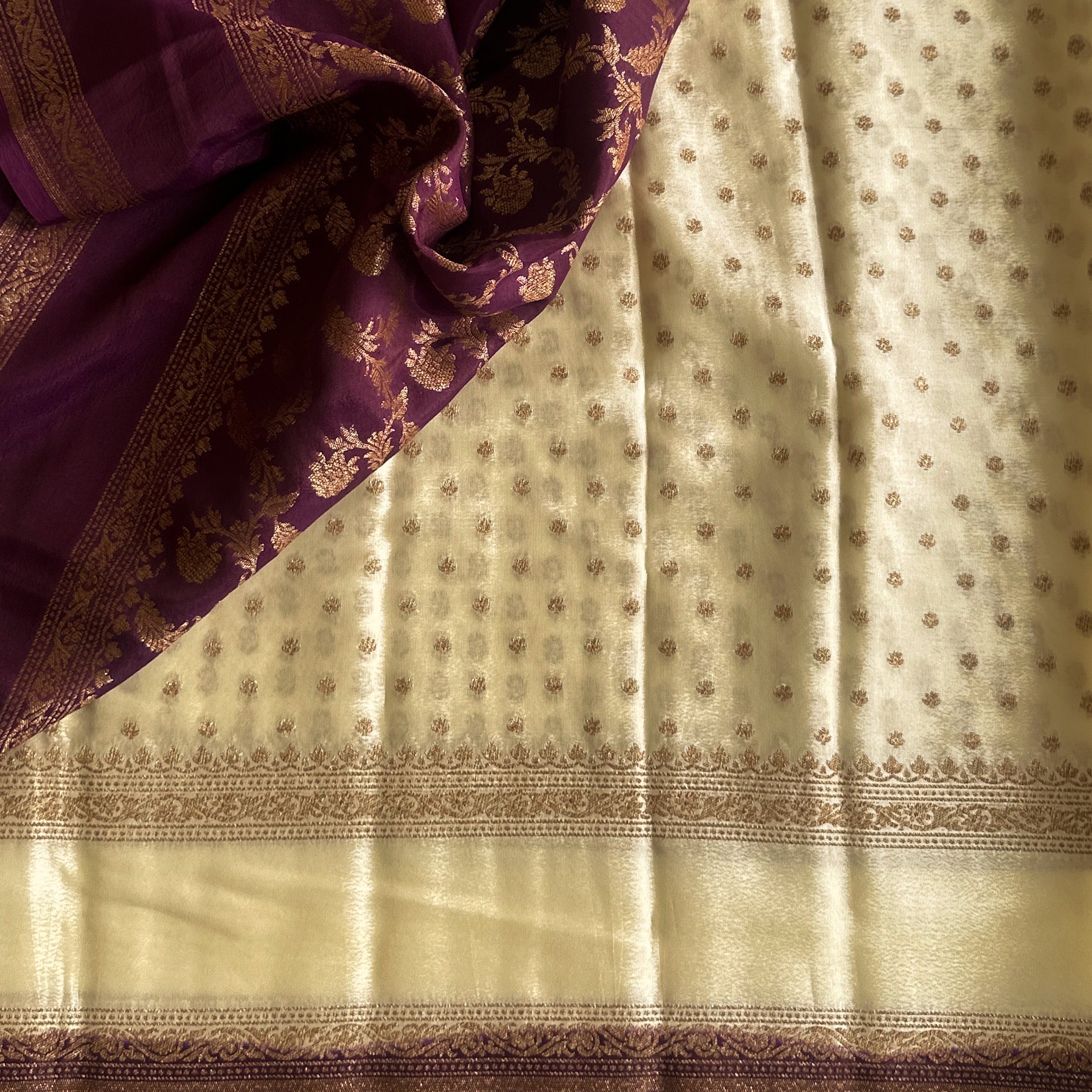 Ivory Plum Banarasi Silk Saree Antique Gold Zari Work Bridal