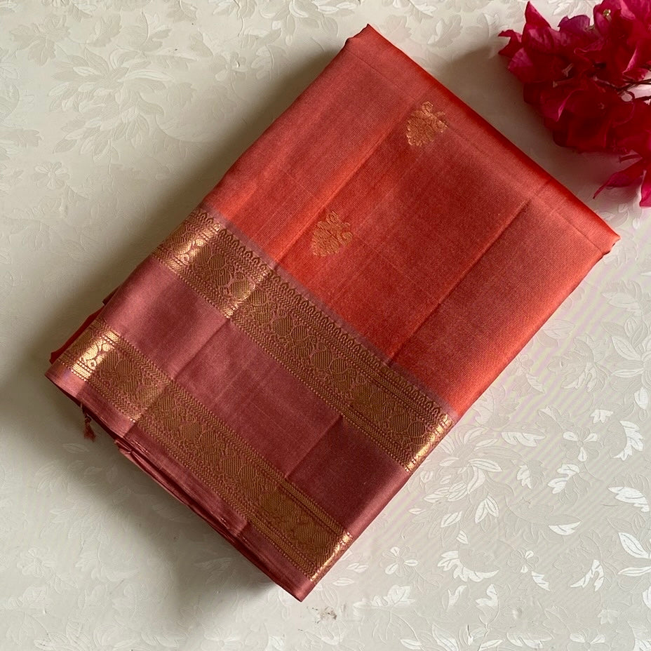 Sorbet Peach Orange Designer Pure Silk Saree With Dusty Rose Pallu