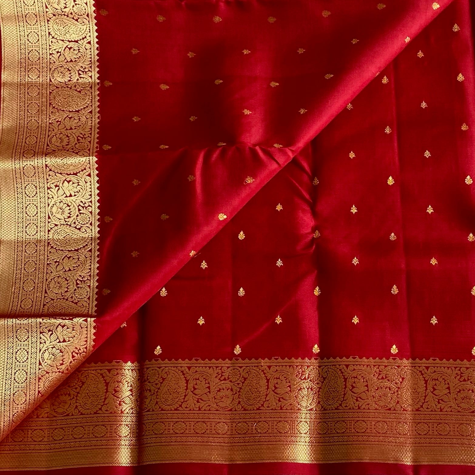 Ruby Red Designer Pure Silk Saree With Antique Gold Pallu