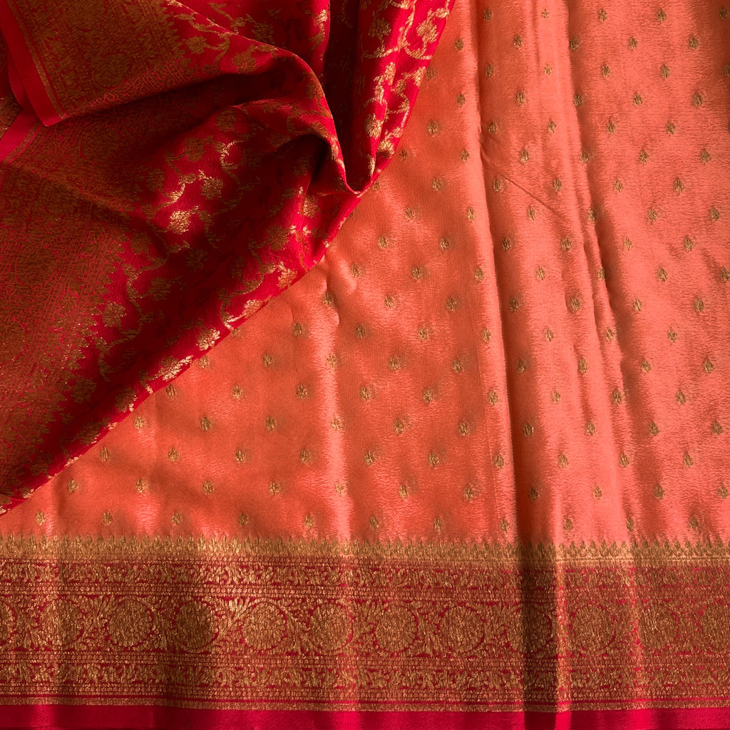 Magenta Silk Brocade Saree Gold Paisley Peach Buti Wedding Traditional