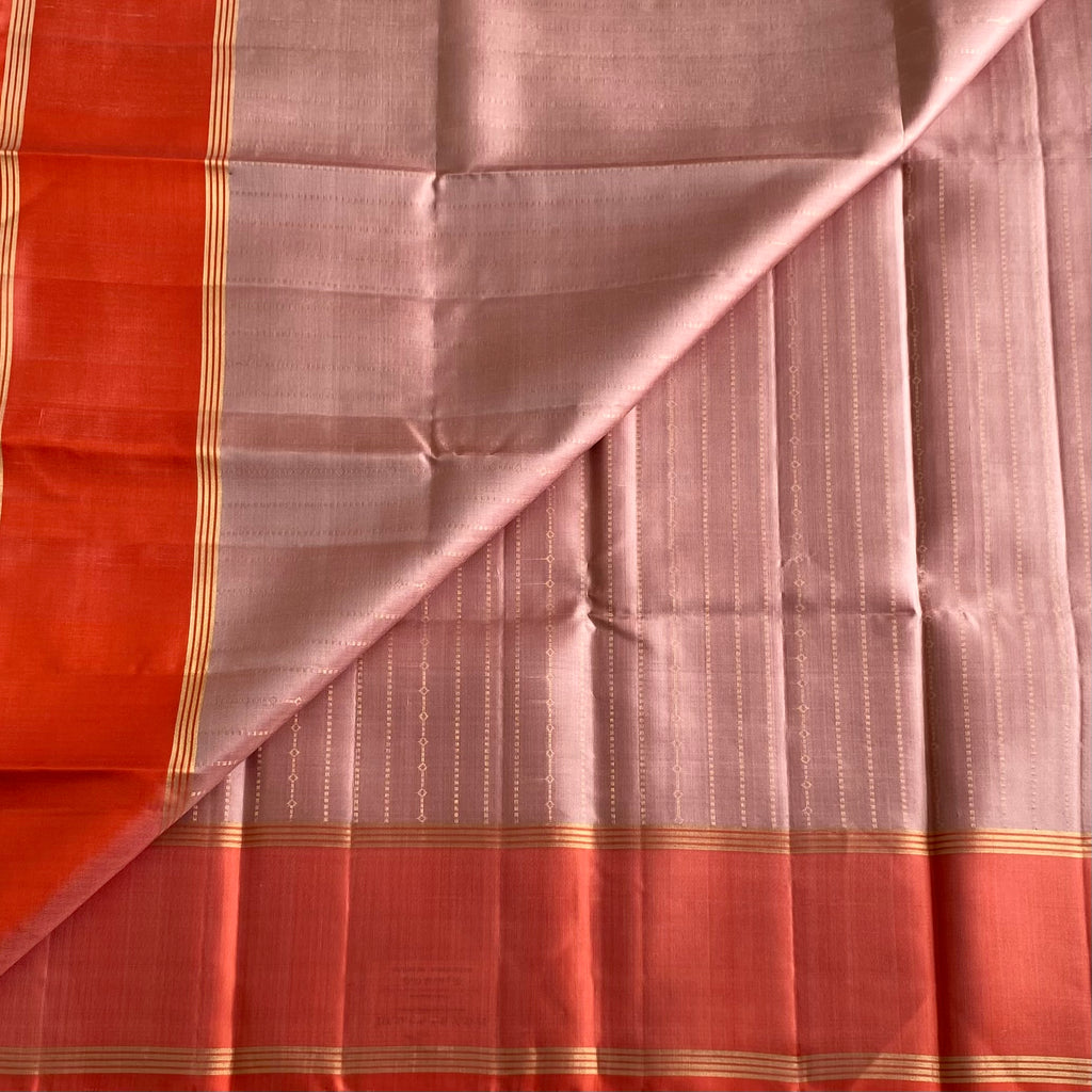 Dusty Rose Designer Pure Silk Saree With Coral Orange Pallu