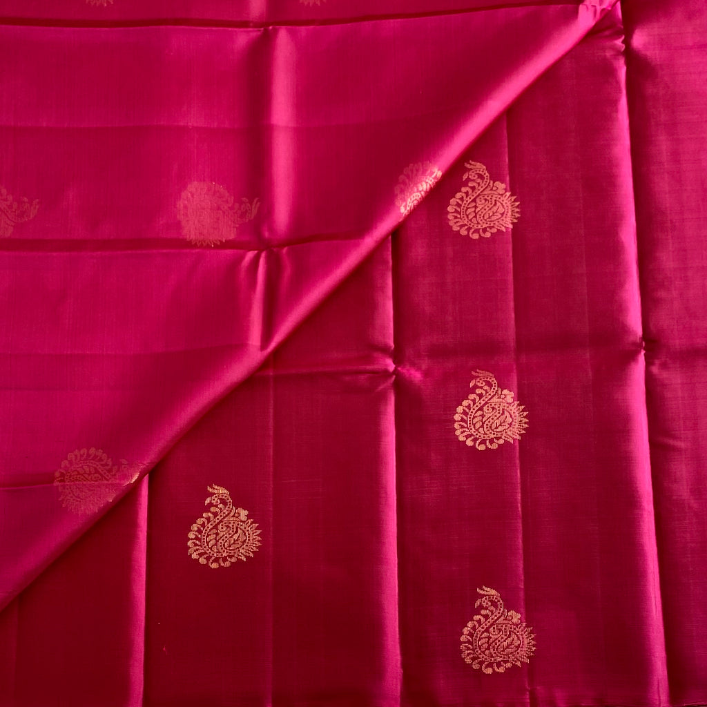 Deep Rani Pink Designer Pure Silk Saree With Antique Gold Buttas