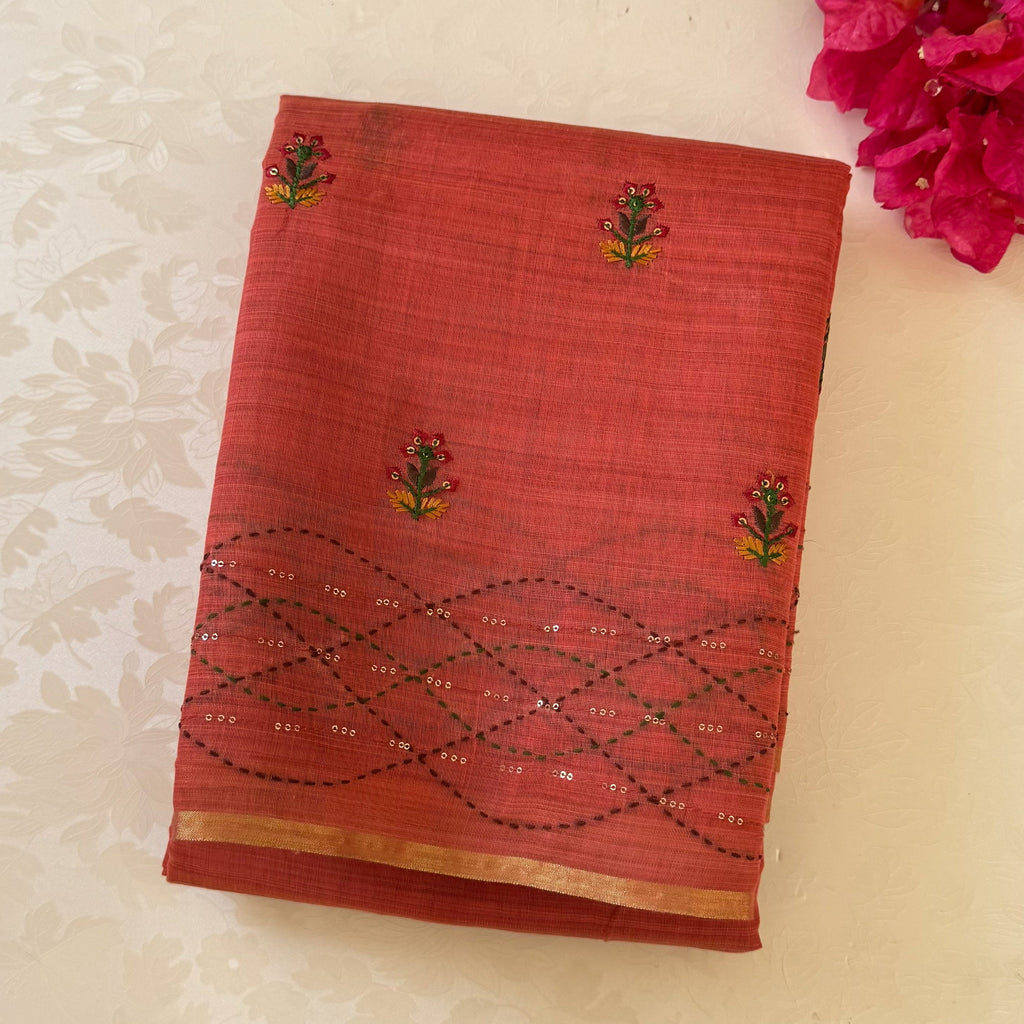 Coral Floral Embroidered Sequined Saree With Golden Border And Tassels