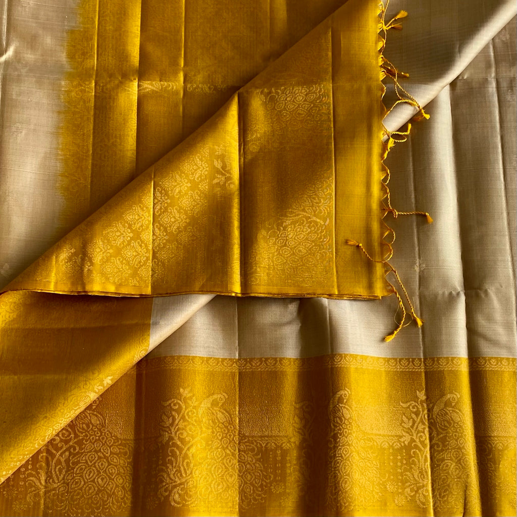 Champagne Beige Designer Pure Silk Saree With Golden Yellow Contrast