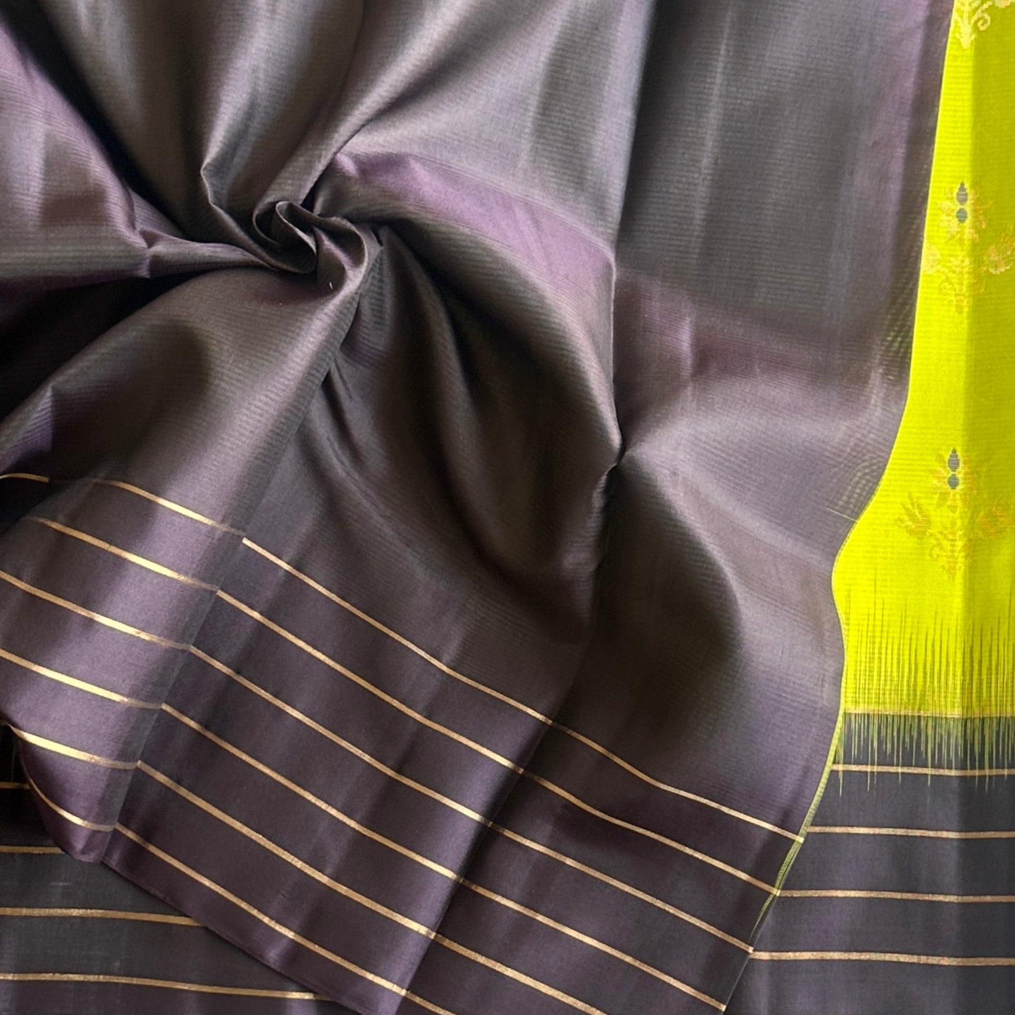 Chartreuse Navy Zari Saree Woven Chevron Motif Festive Traditional Silk
