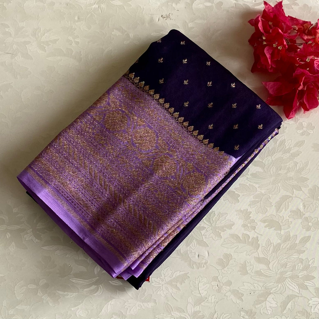 Deep Purple Banarasi Crepe Silk Saree With Lilac Lavender Pallu And Gold Brocade