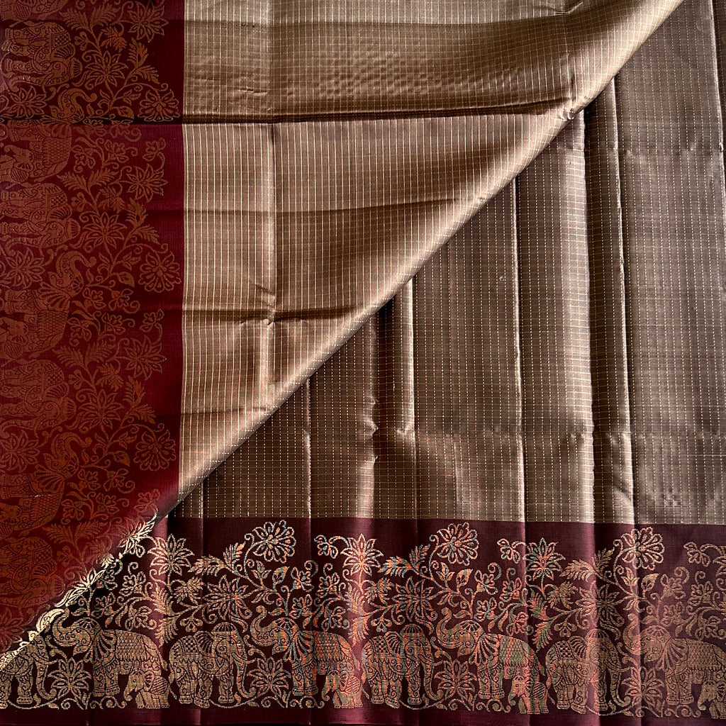 Burgundy Gold Woven Saree Elephant Border Traditional Festive Elegant Luxury