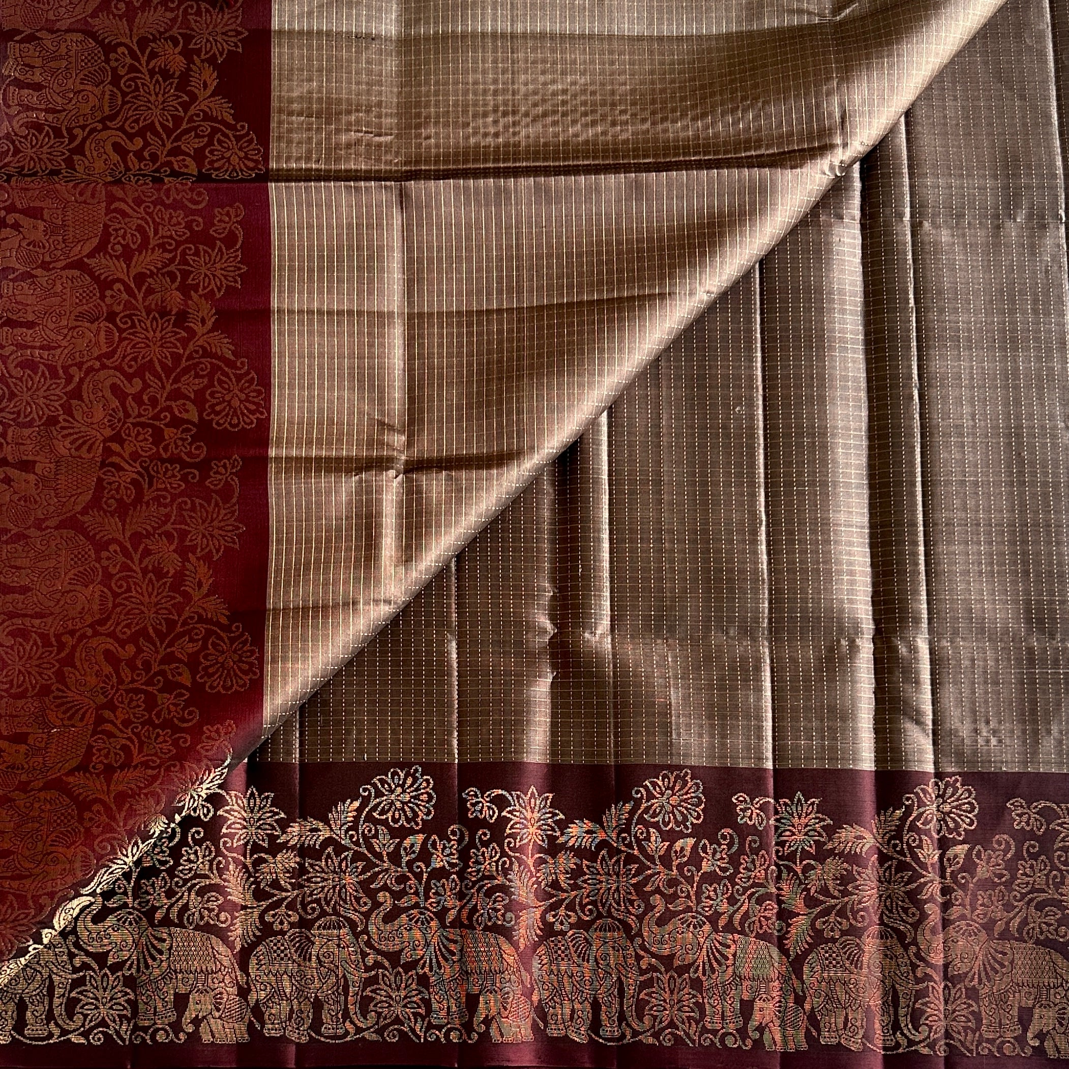 Burgundy Gold Woven Saree Elephant Border Traditional Festive Elegant Luxury