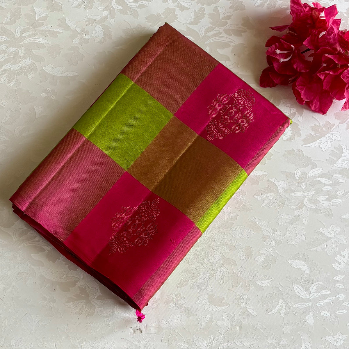 Checkered Rani Pink & Lime Green Designer Pure Silk Saree Gold Zari