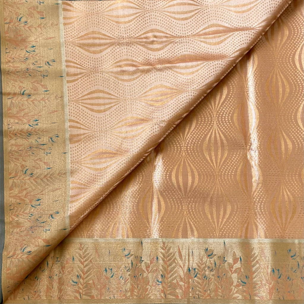 Blush Peach Brocade Saree Champagne Beige Pallu Silver Zari Floral