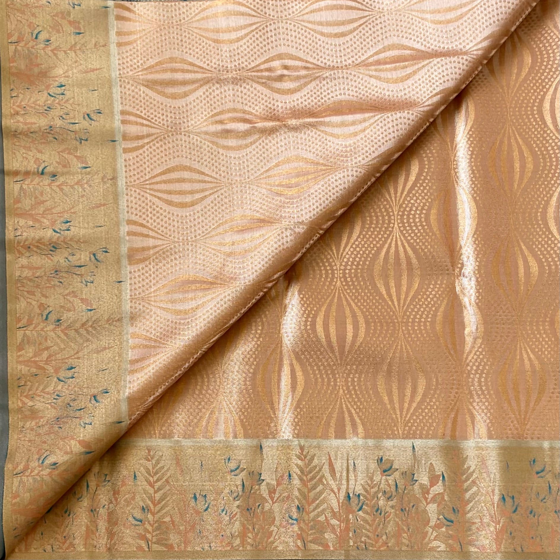 Blush Peach Brocade Saree Champagne Beige Pallu Silver Zari Floral