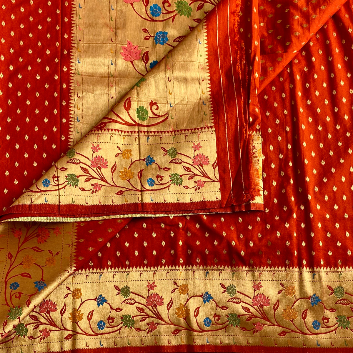 Burnt Orange Soft Crepe Silk Saree With Antique Gold Pallu