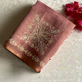 Dusty Rose Soft Tussar Silk Saree With Pale Gold Embroidery