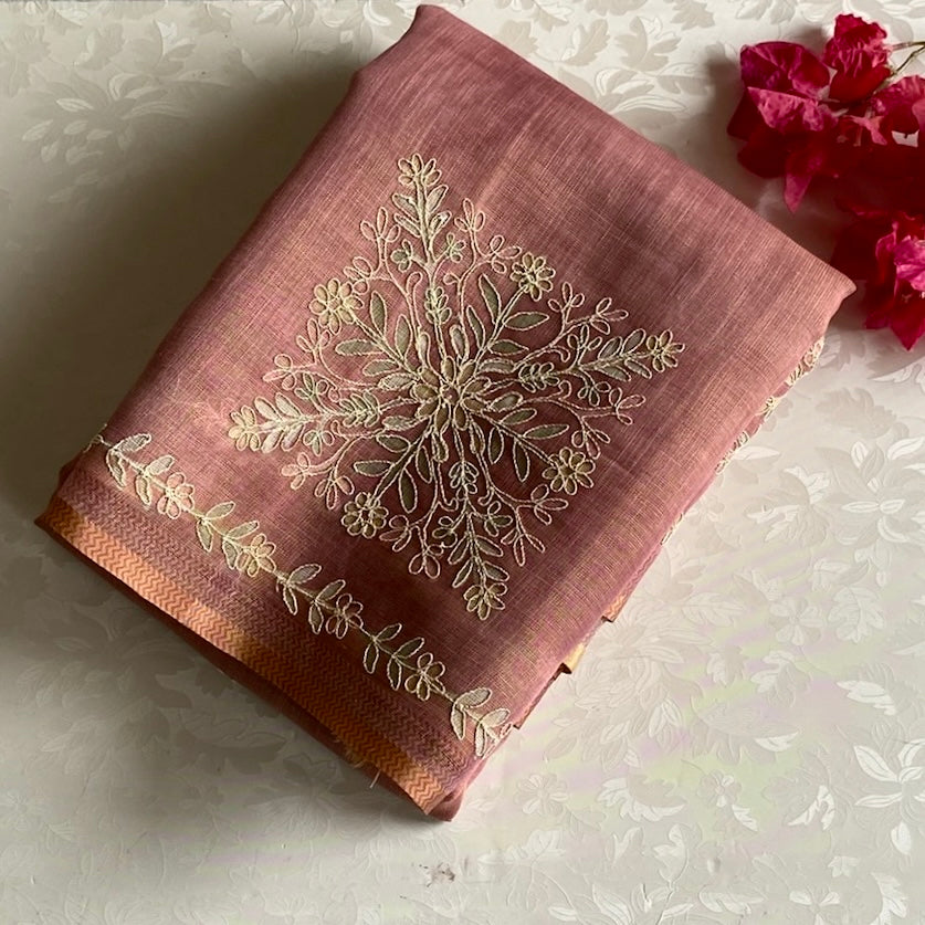 Dusty Rose Soft Tussar Silk Saree With Pale Gold Embroidery