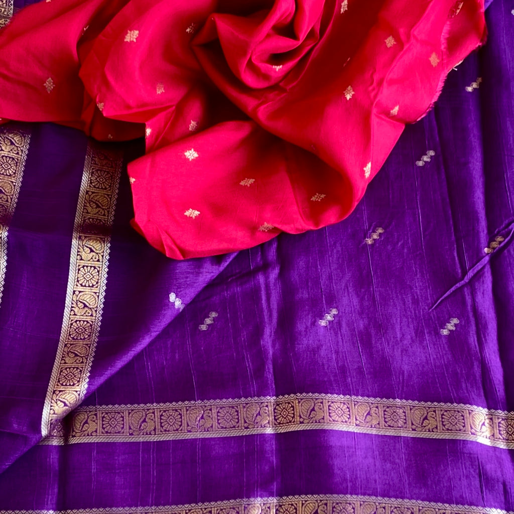 Royal Purple Soft Tussar Silk Saree With Metallic Gold Stripes