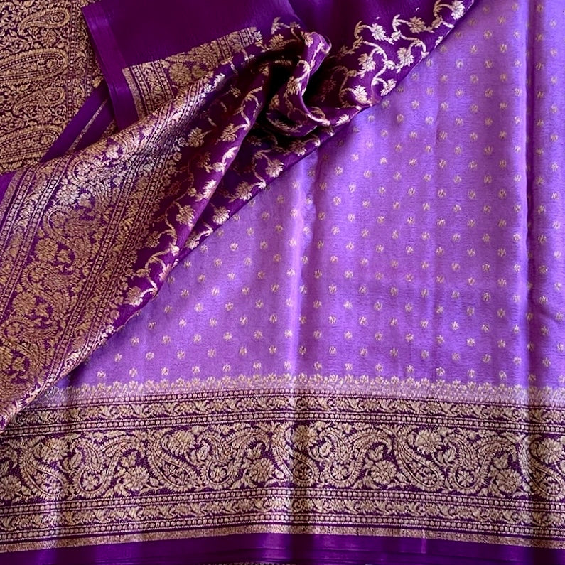 Metallic Lavender with Purple Banarasi Crepe Silk Saree With Antique Gold Pallu