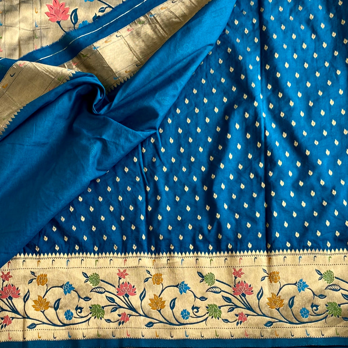 Teal Blue Soft Crepe Silk Saree With Antique Gold Pallu