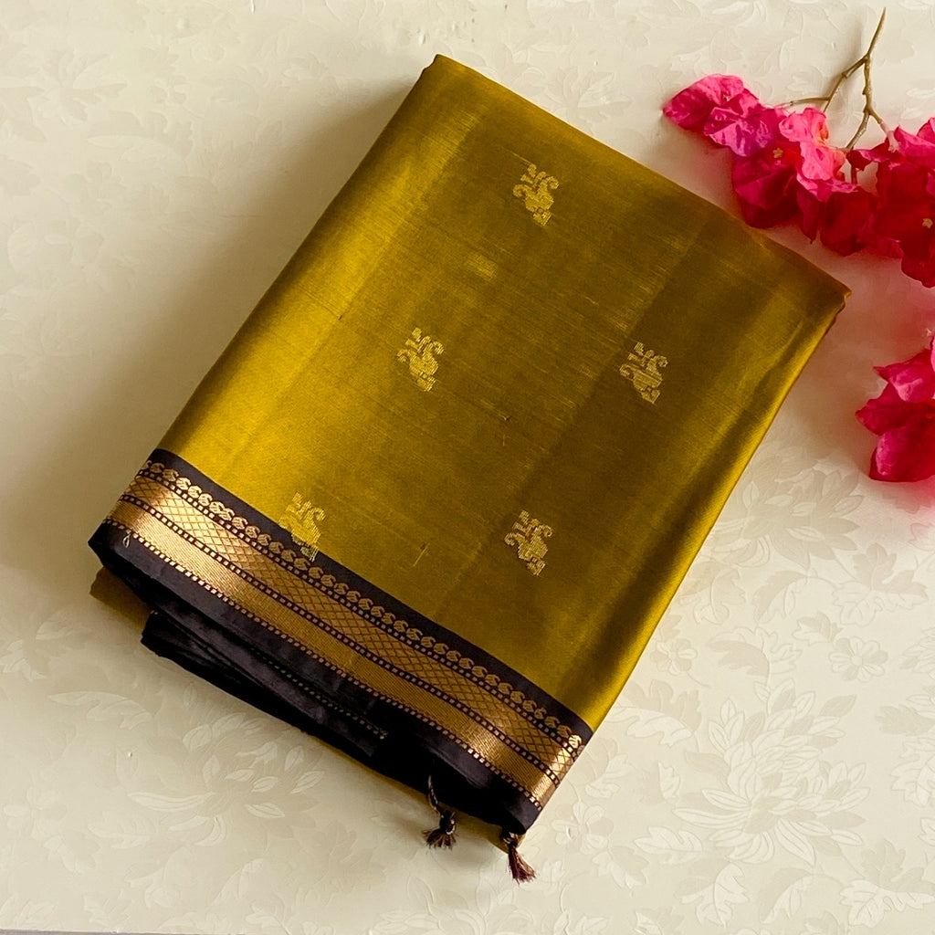 Mustard Yellow Saree Deep Chocolate Pallu Antique Zari Floral Paisley
