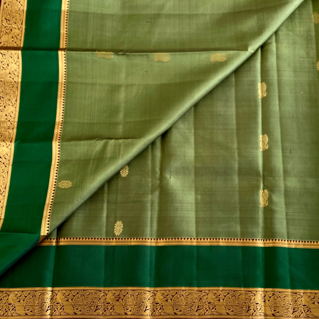 Olive Green Designer Pure Silk with Dark Wine Brown & Bottle Green