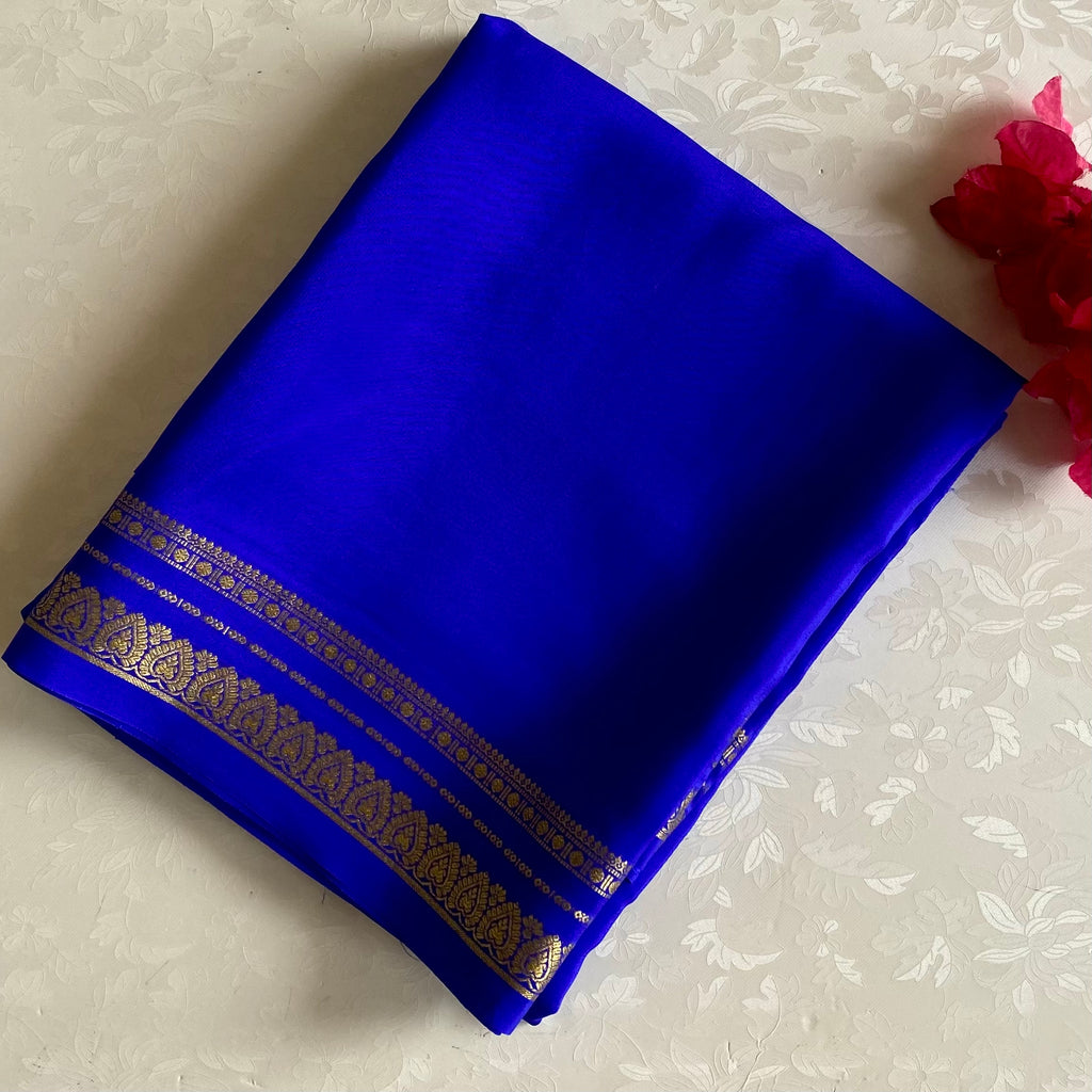 Royal Blue Mysore Crepe Silk Saree With Gold Border