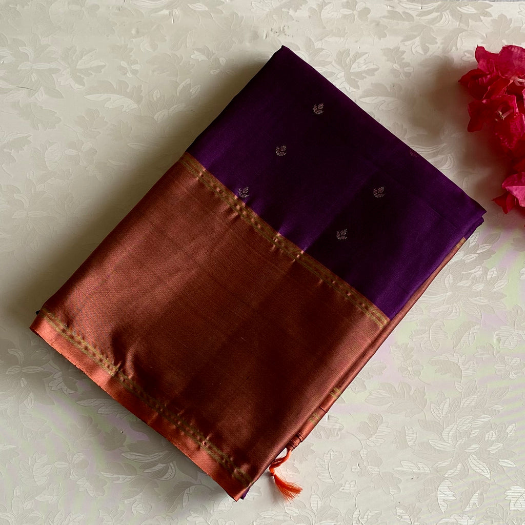 Burnt Orange Designer Pure Silk Saree With Deep Purple Pallu