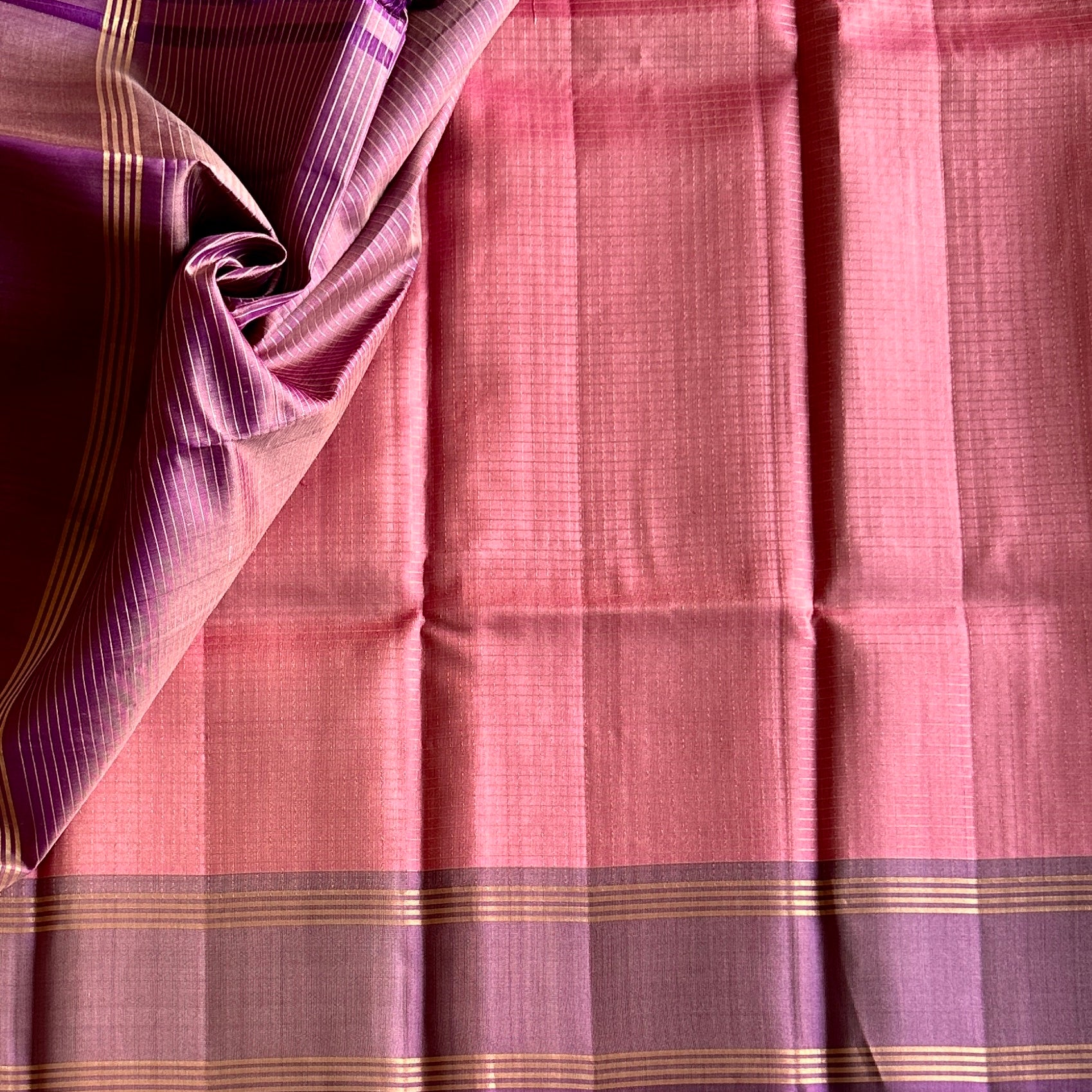 Coral Pink Luminous Saree Plum Purple Pallu Gold Zari Traditional