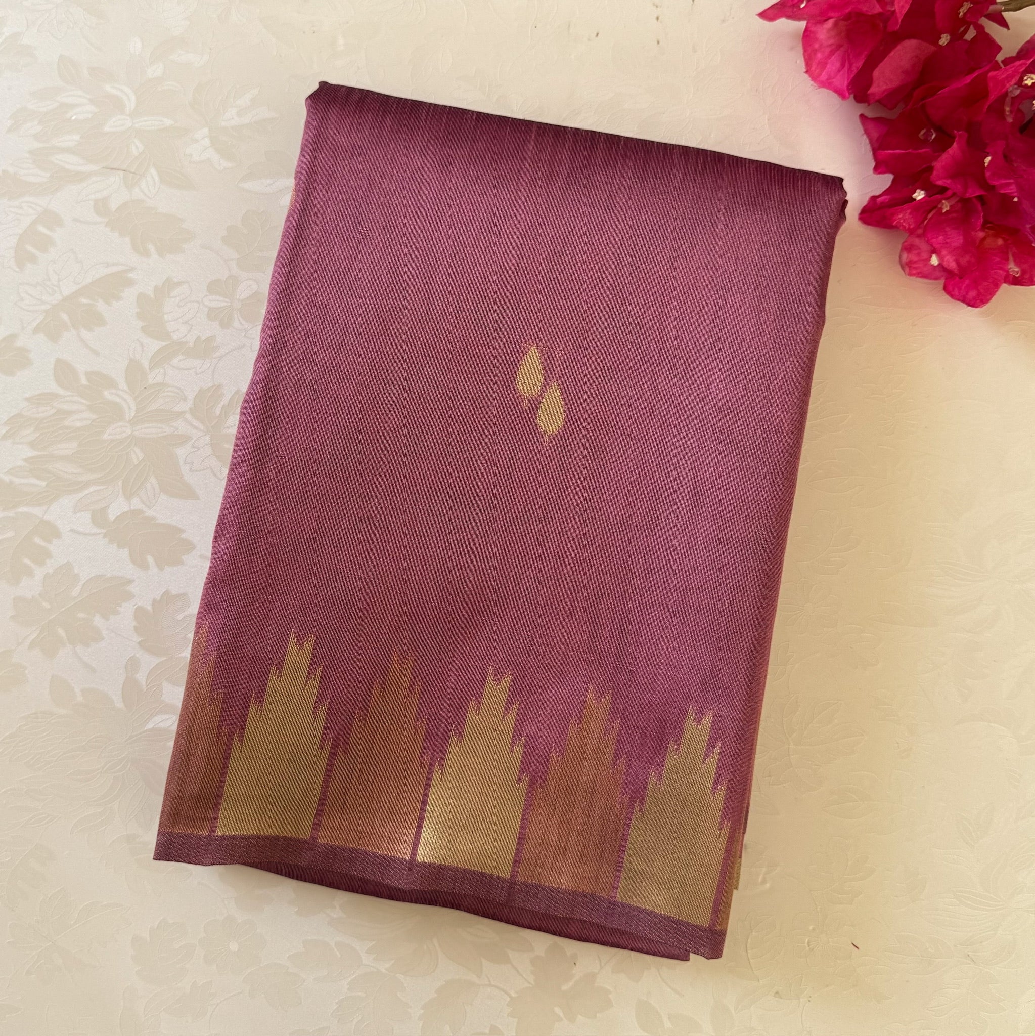 Deep Magenta Ikat Silk Saree With Gold Zari Border Tassels