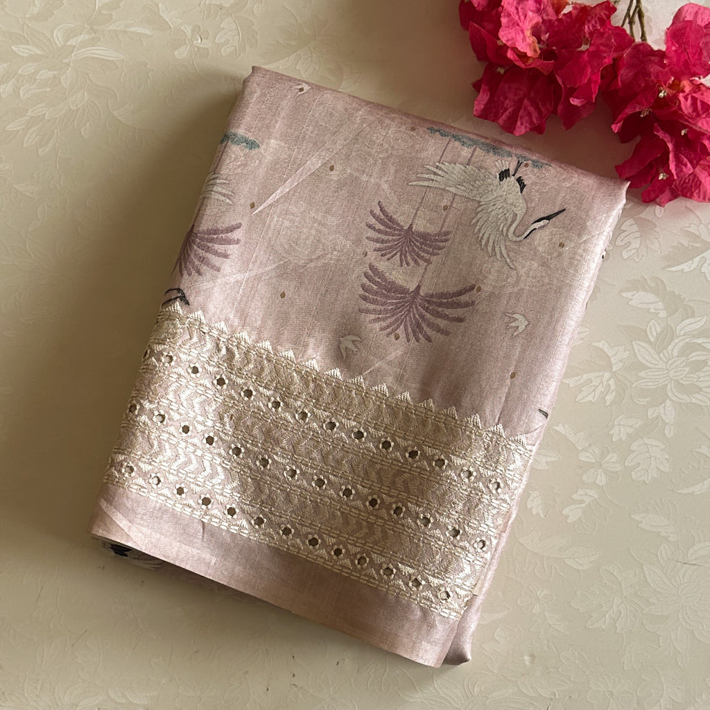 Dusty Rose Crane Print Saree With Antique Gold Zari Border