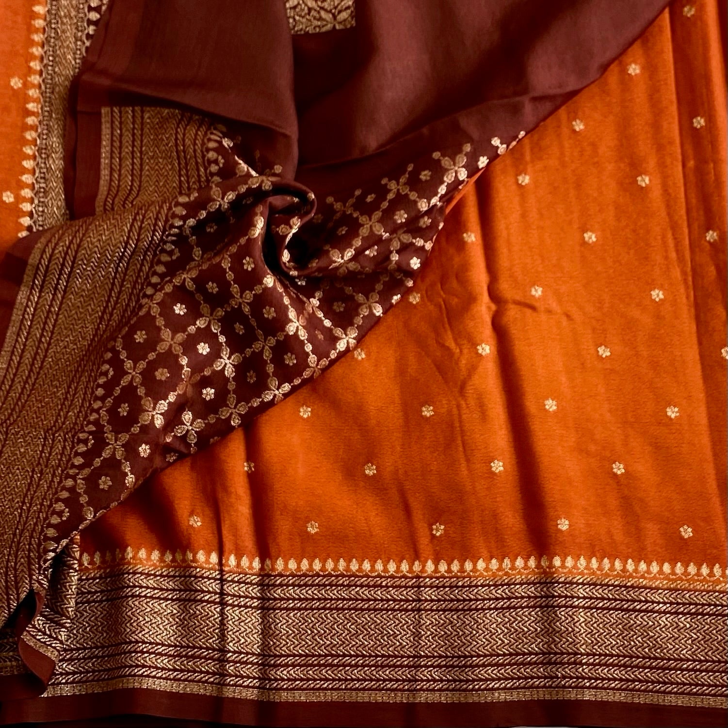 Burnt Orange Soft Tussar Silk Saree With Deep Maroon Border
