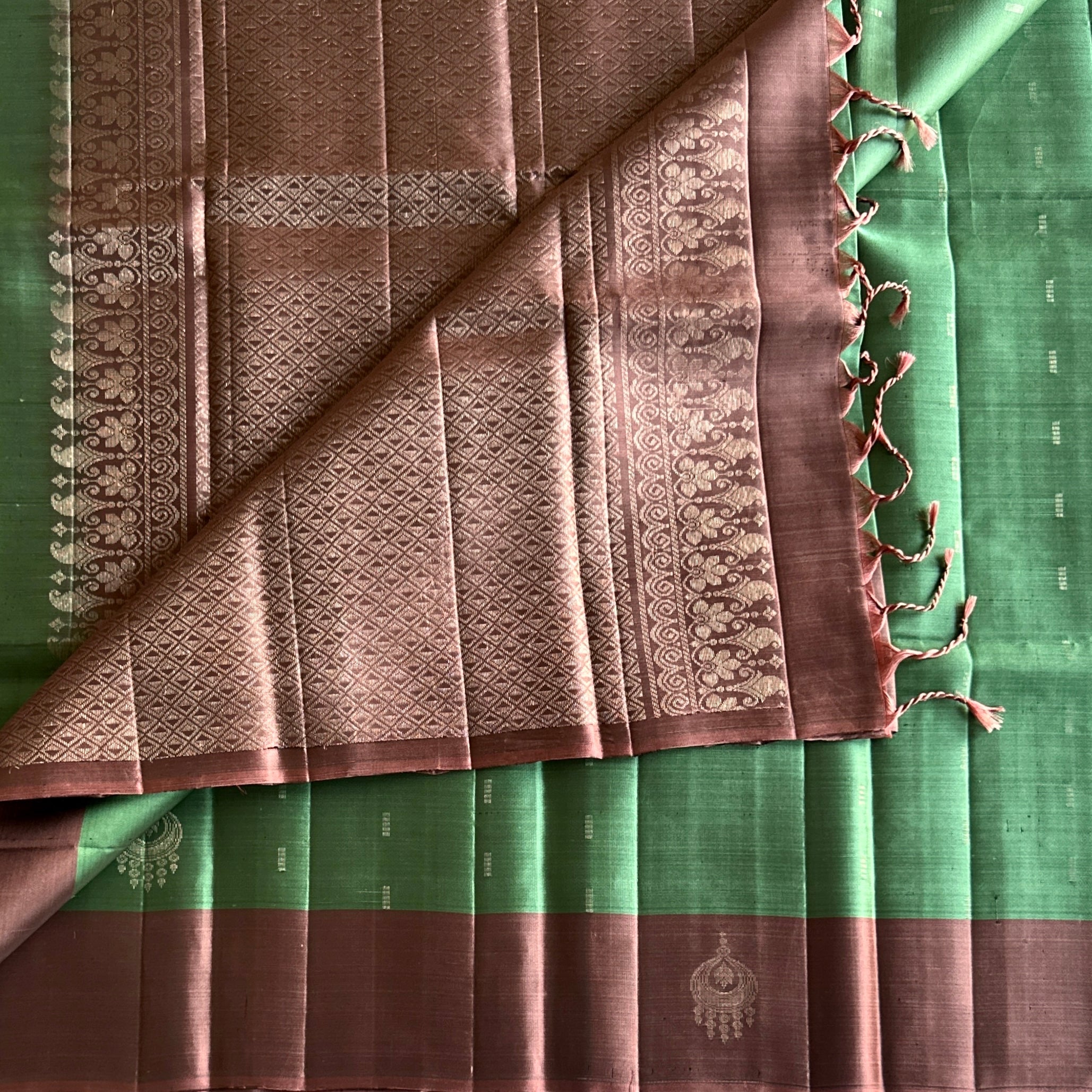 Mint Green Silk Saree Dusty Rose Pallu Pale Gold Zari