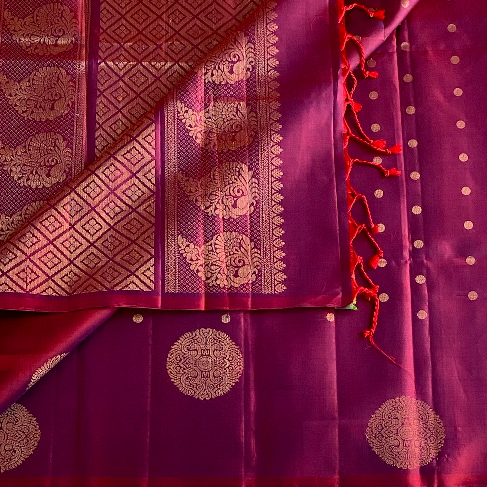Deep Magenta Designer Pure Silk Saree With Gold Pallu Panels