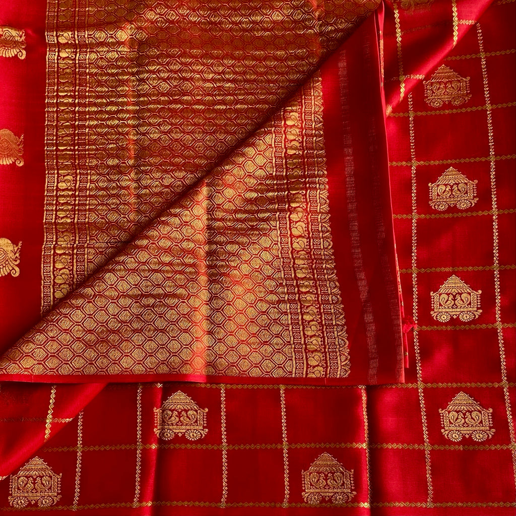 Scarlet Red Mysore Crepe Silk Saree With Metallic Gold Checks