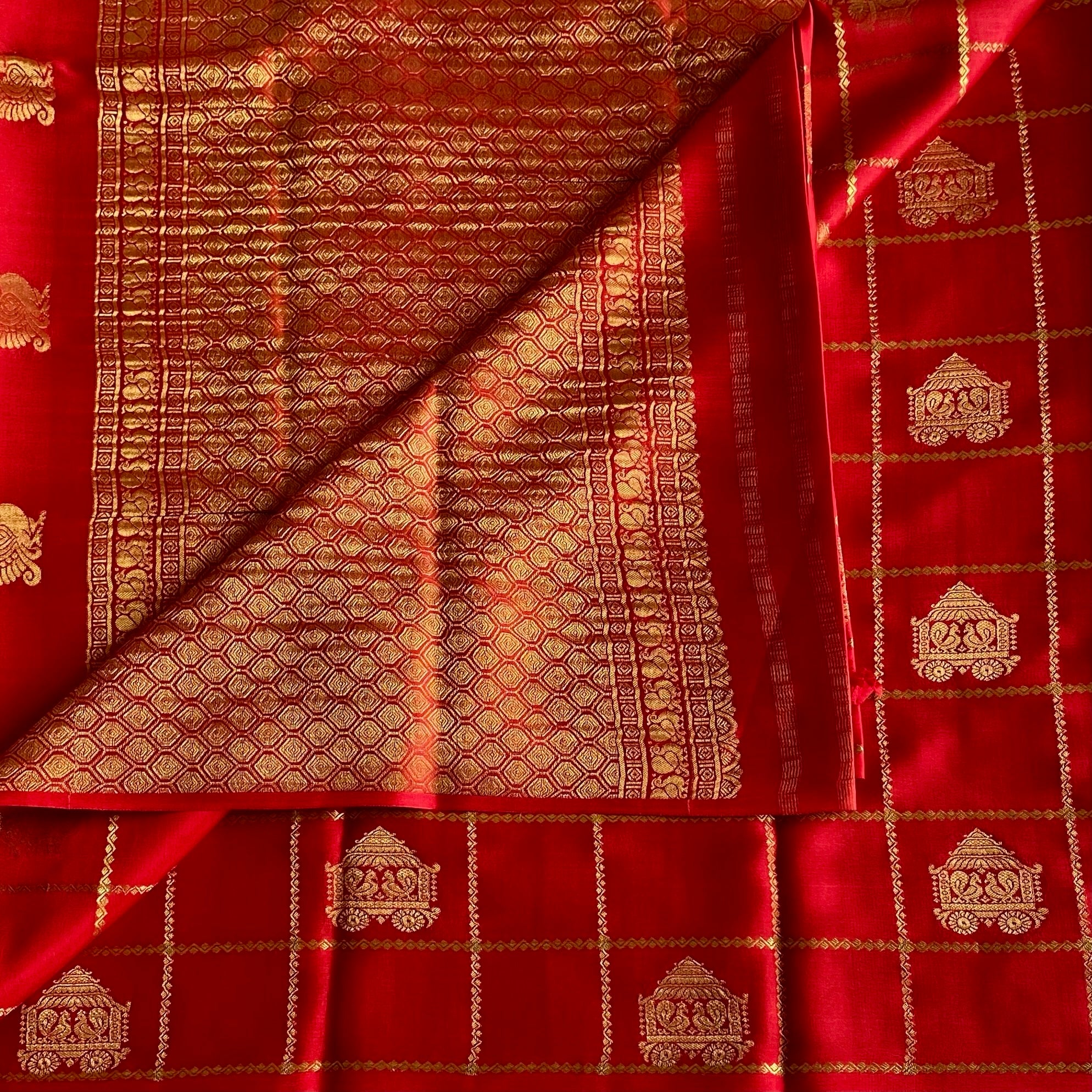 Scarlet Red Mysore Crepe Silk Saree With Metallic Gold Checks