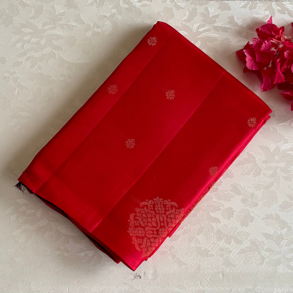 Scarlet Orangish Red Designer Pure Silk Saree With Deep Wine Pallu