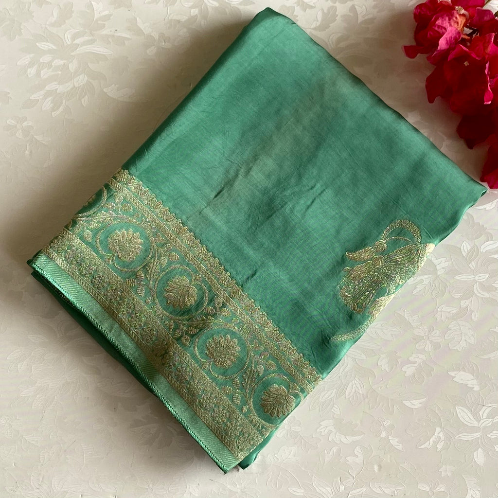 Teal Green Soft Crepe Silk Saree With Scarlet Red Blouse