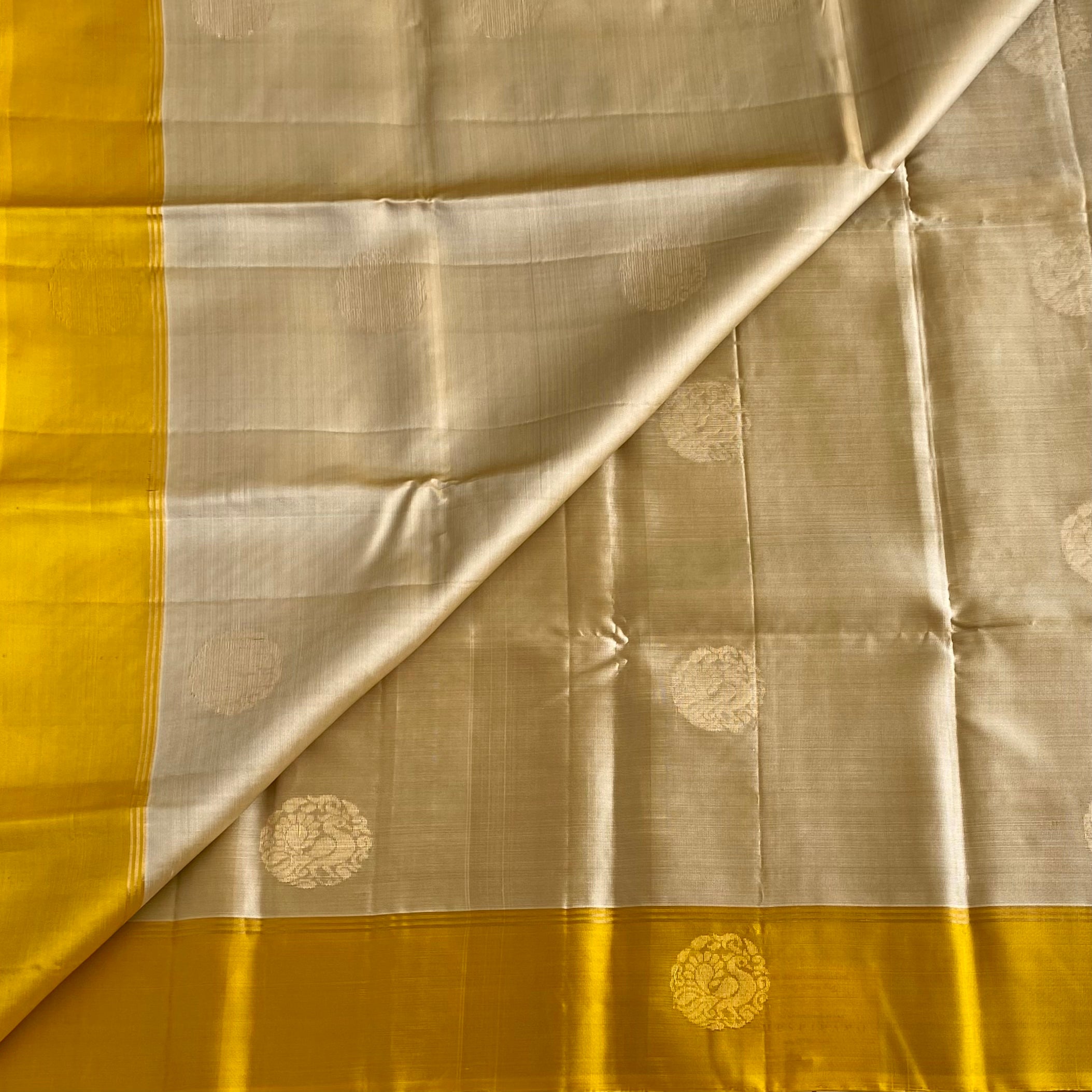 Champagne Beige Designer Pure Silk Saree With Golden Yellow Pallu