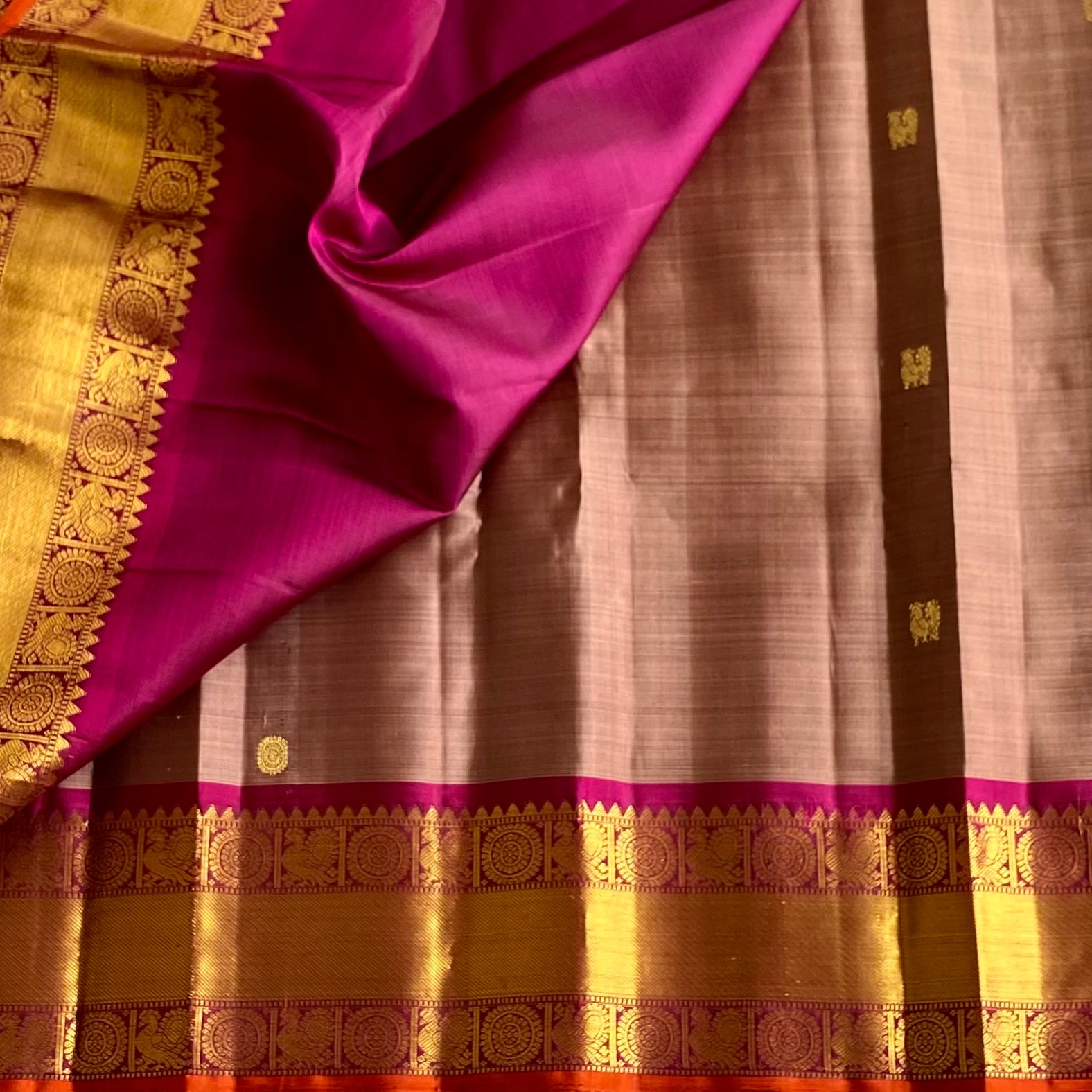 Dreamy Biscuit Brown Kanjeevaram Pure Zari Silk With Rich Magenta Contrast